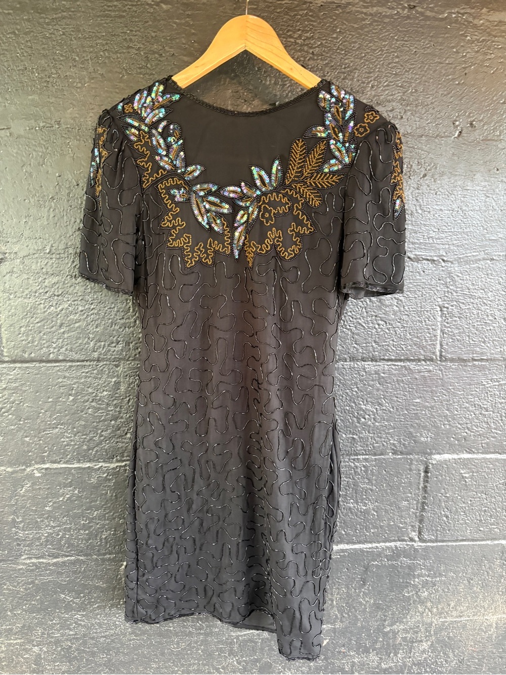 Vintage Black Beaded Silk Mini Cocktail Dress with Color Beaded Yoke 90s